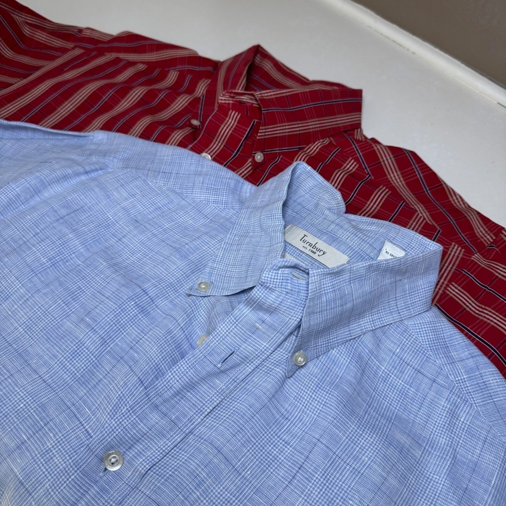 Lot of 2 Turnberry Mens European Fabric Linen‎ Button Down Short Sleeve Shirt